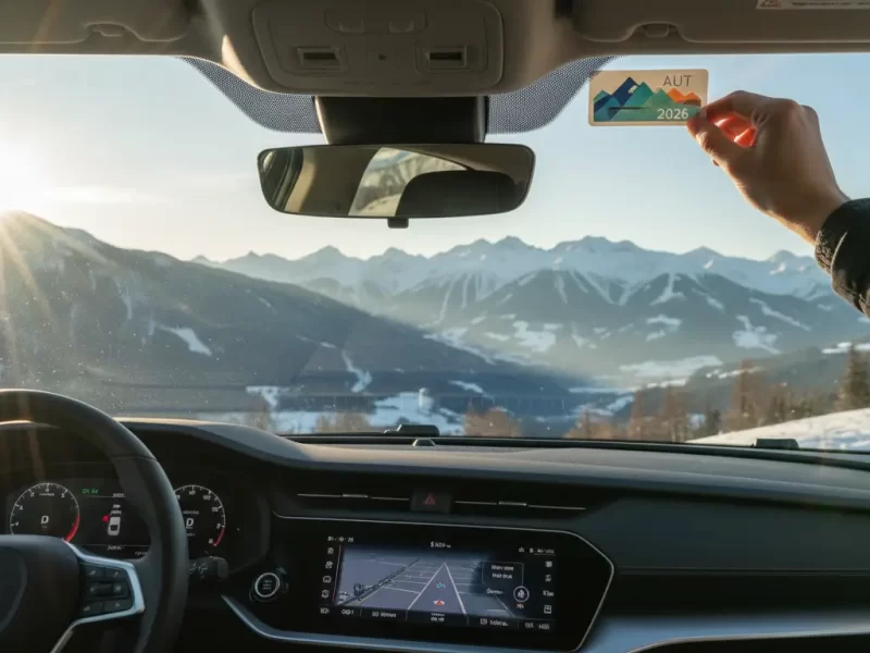 Een hand die een fysieke, kleurrijke vignetsticker zorgvuldig op de binnenkant van een autoruit plakt.