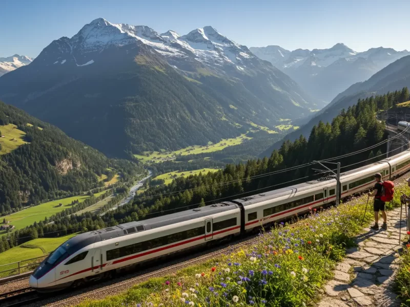 Een moderne hogesnelheidstrein die door een schilderachtig berglandschap rijdt