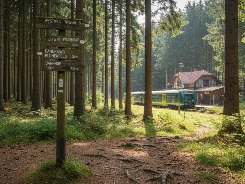Een houten wegwijzer met diverse wandelroutes, met een treinstation in de verte