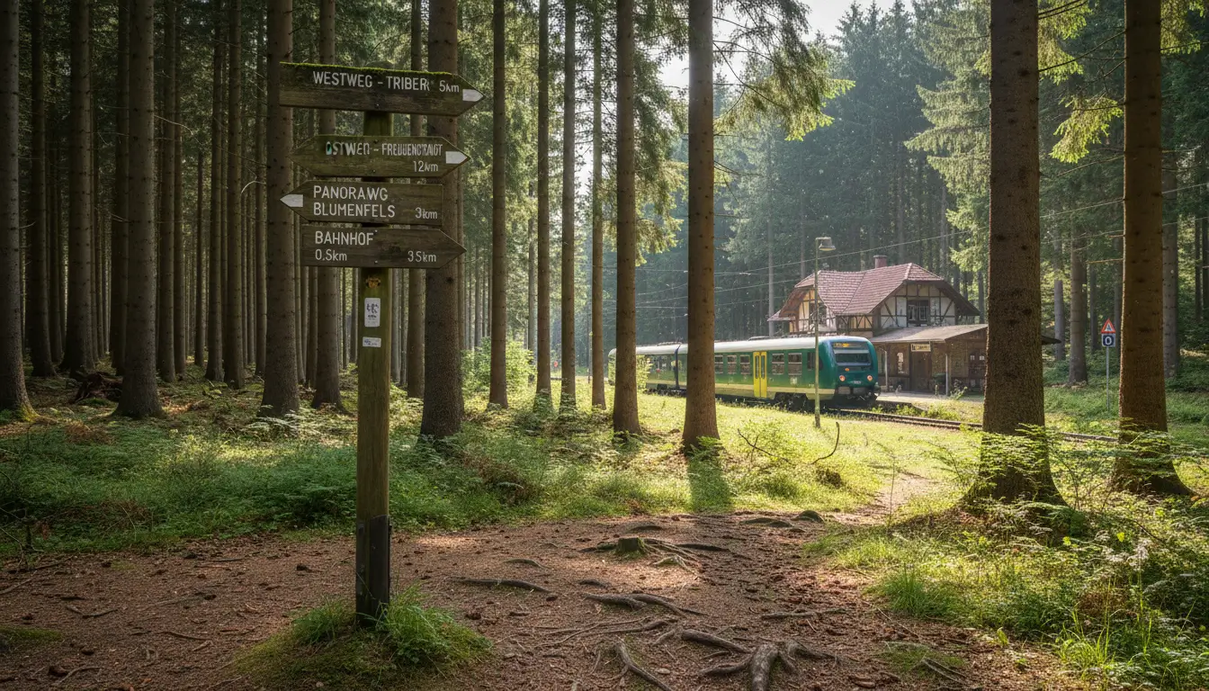 Een houten wegwijzer met diverse wandelroutes, met een treinstation in de verte