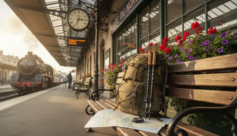Een robuuste wandelrugzak met wandelstokken en een uitgestrekte kaart