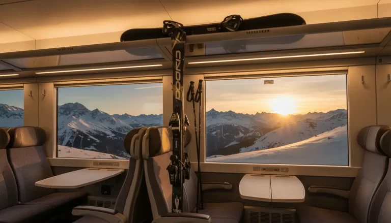 Een ski- of snowboarduitrusting (ski's, stokken, snowboard) verticaal geplaatst in een bagagerek.