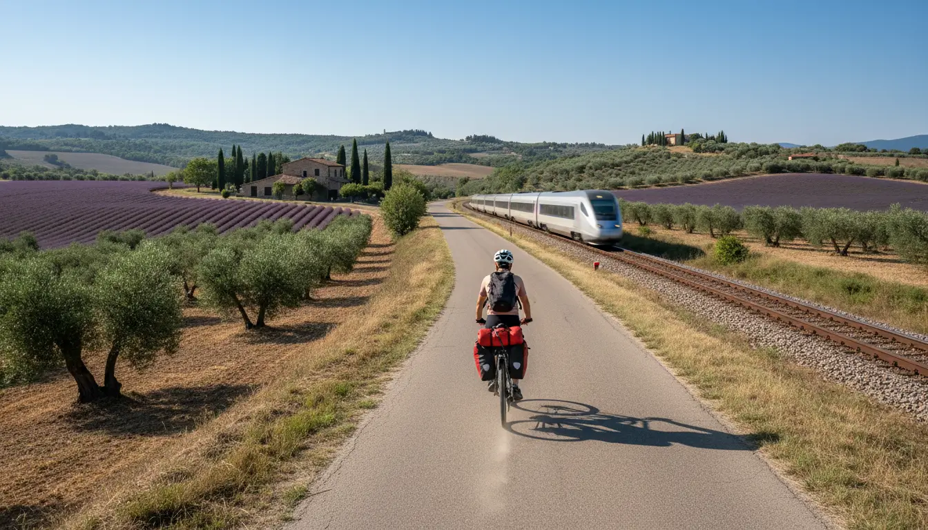 Een fietser met een helm en rugzak die over een schilderachtig landweggetje fietst, wegrijdend van een net gepasseerde trein die nog in de verte zichtbaar is