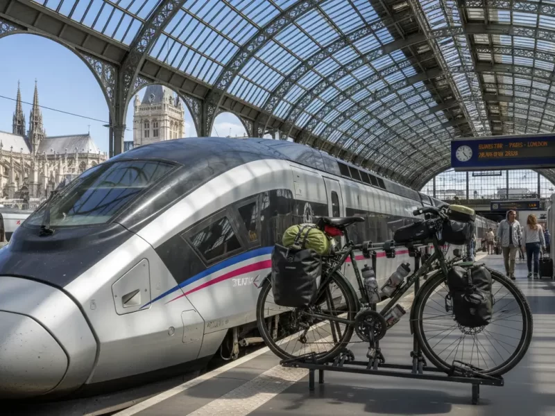 Een moderne tourfiets met bagagetassen, stevig vastgemaakt op een specifiek fietsenrek van een Eurostar-achtige hogesnelheidstrein
