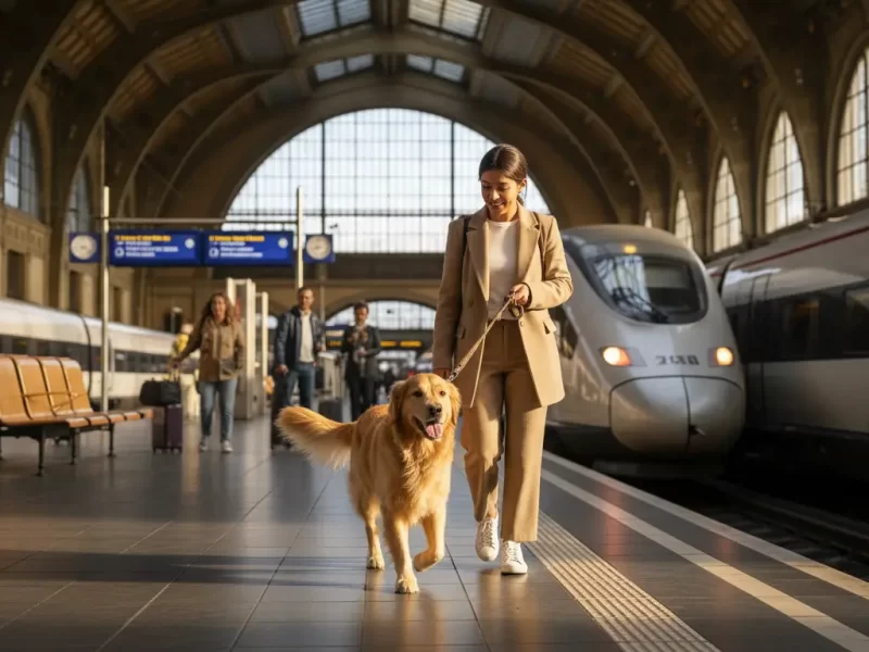 Een vrolijke Golden Retriever loopt aan de lijn naast zijn eigenaar, klaar om een trein in te stappen.