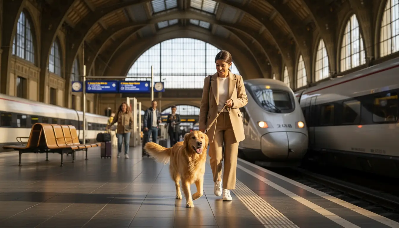 Een vrolijke Golden Retriever loopt aan de lijn naast zijn eigenaar, klaar om een trein in te stappen.