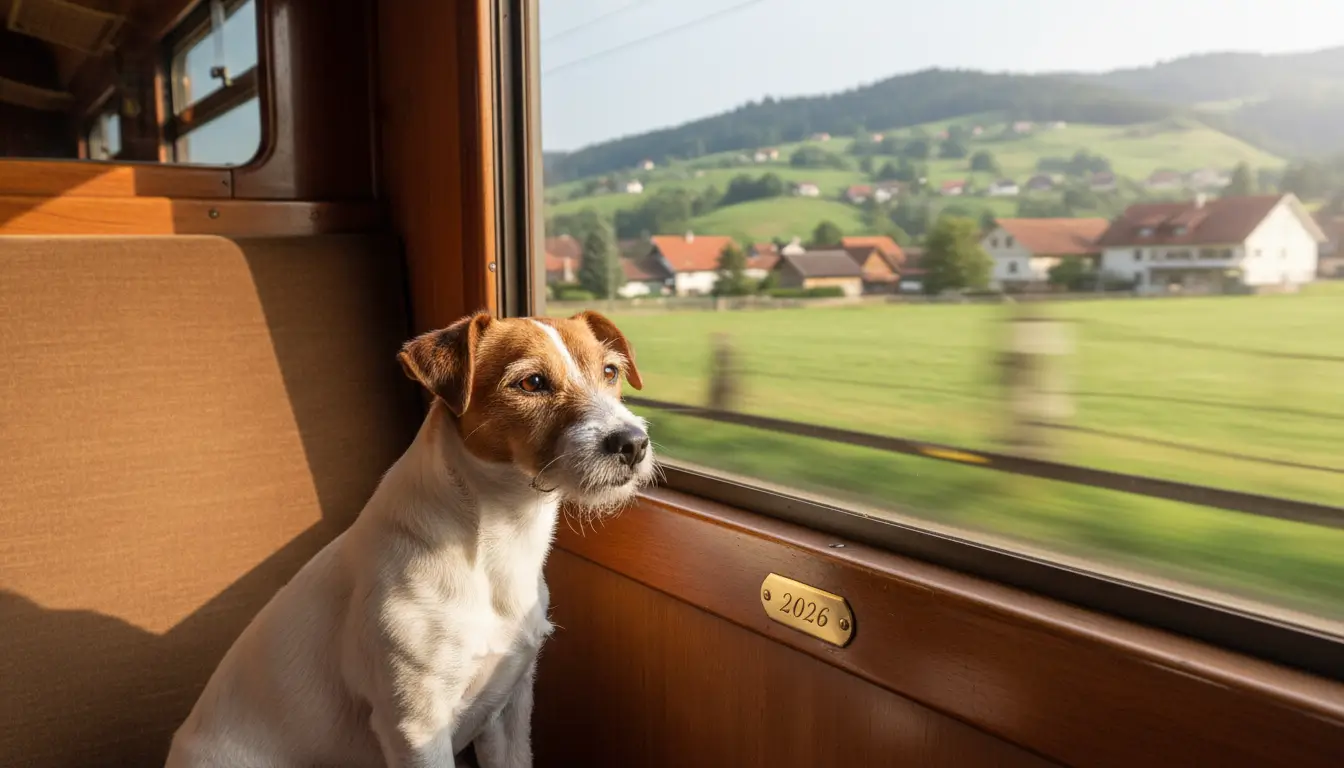 Een kleine hond (bijv. een Jack Russell of Teckel) die nieuwsgierig uit een treinstraam kijkt.