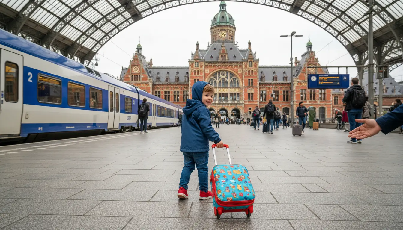 Een jong kind (3-5 jaar oud) dat een kleine, kleurrijke rolkoffer trekt.