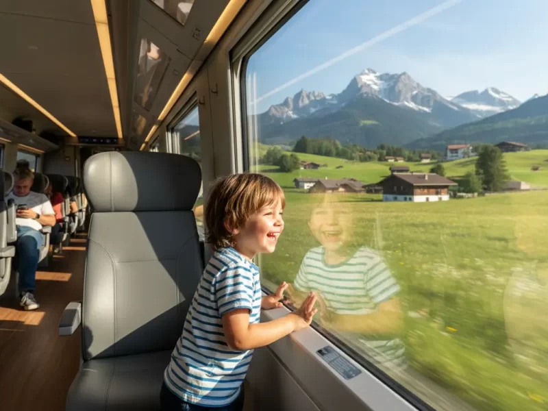 Een kind dat enthousiast uit een treinraam kijkt.