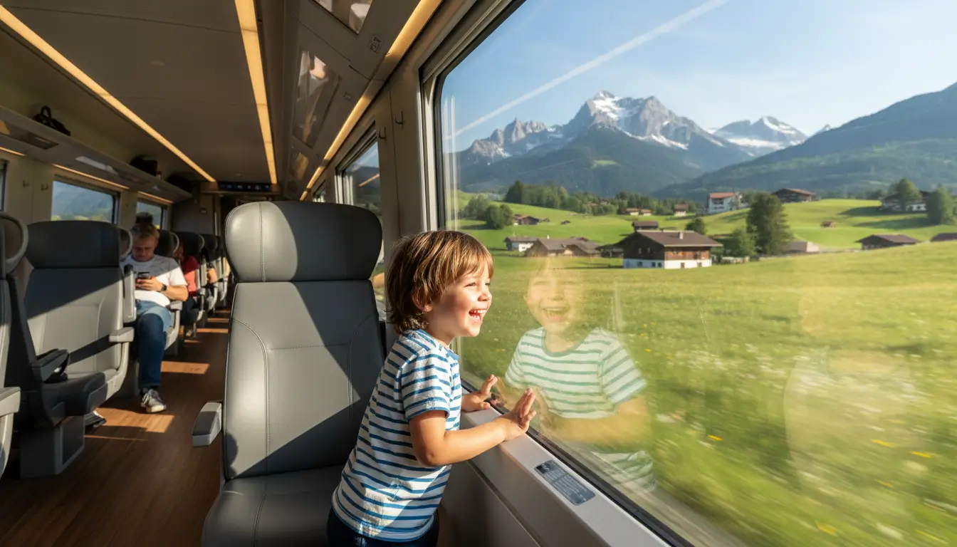 Een kind dat enthousiast uit een treinraam kijkt.