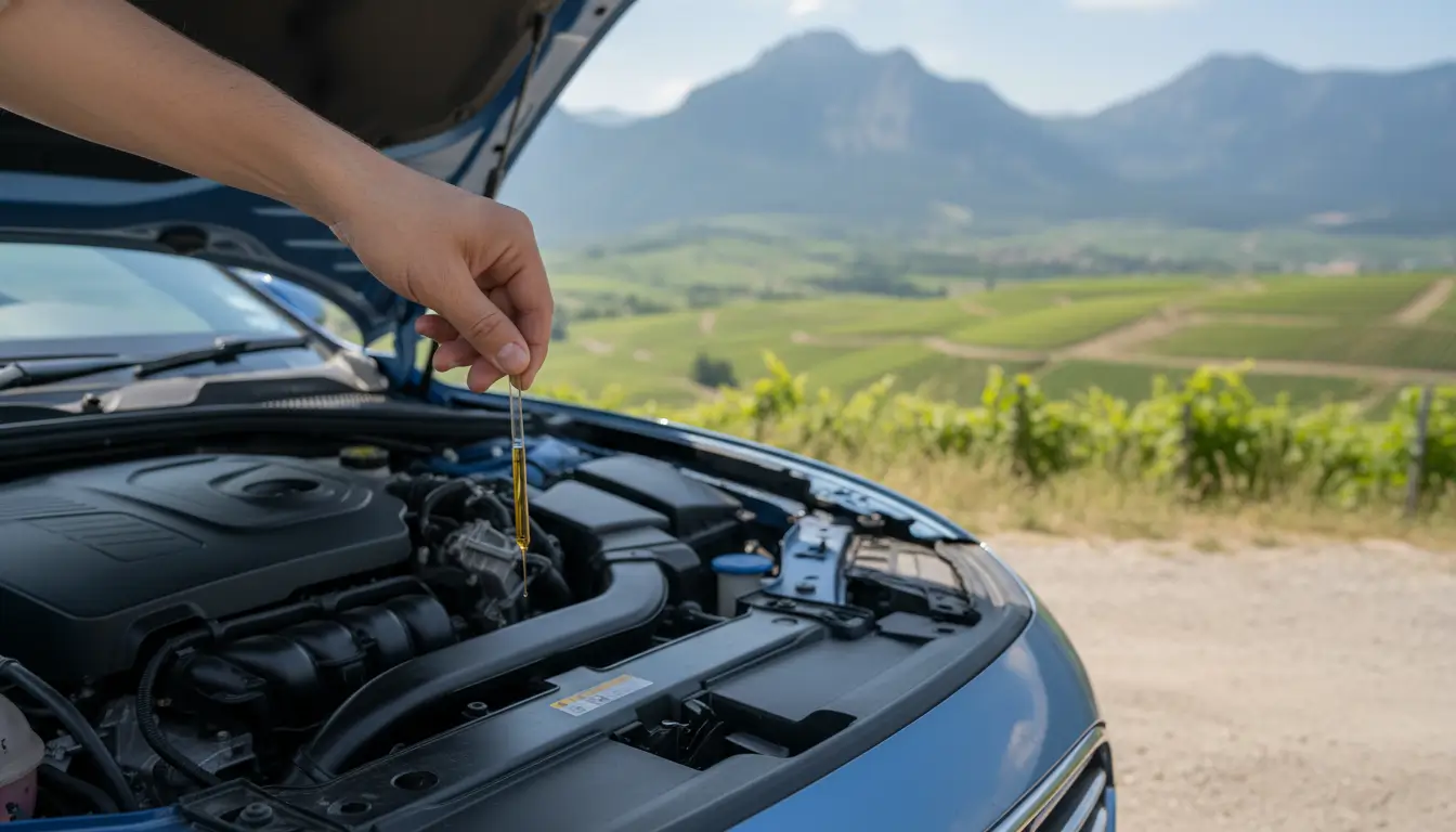 Een hand die een peilstok uit de motor van een auto trekt, met het oliepeil op de peilstok duidelijk zichtbaar.