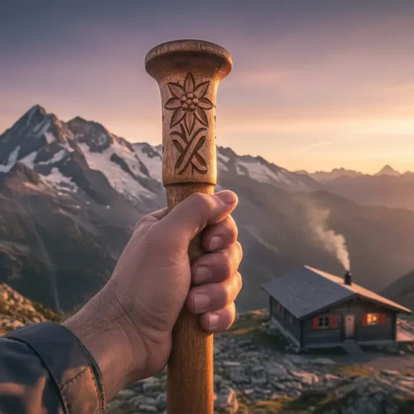 Een close-up van een hand die de houten top van een traditionele, handgesneden bergwandelstok vasthoudt.
