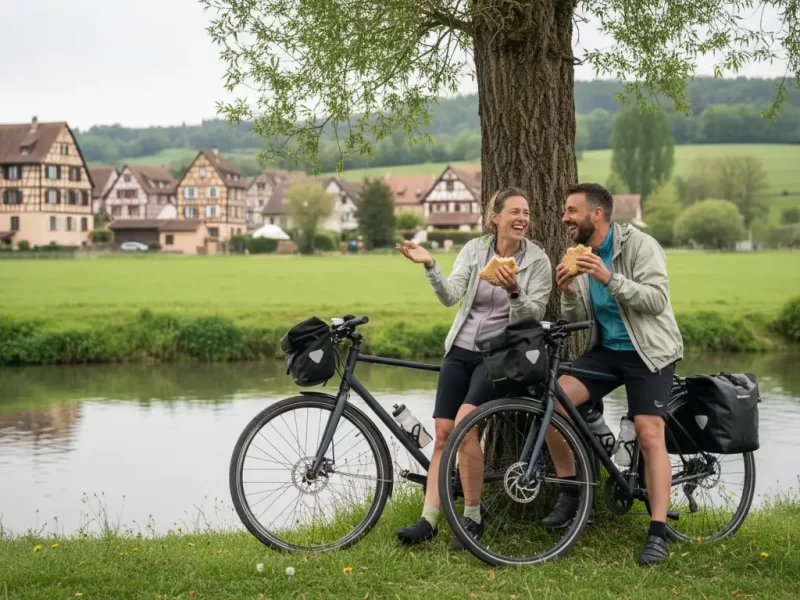 Een stel dat lachend een broodje eet naast hun fietsen, leunend tegen een boom.