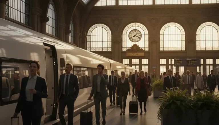 Een hogesnelheidstrein op een perron van een groots, historisch Europees treinstation.