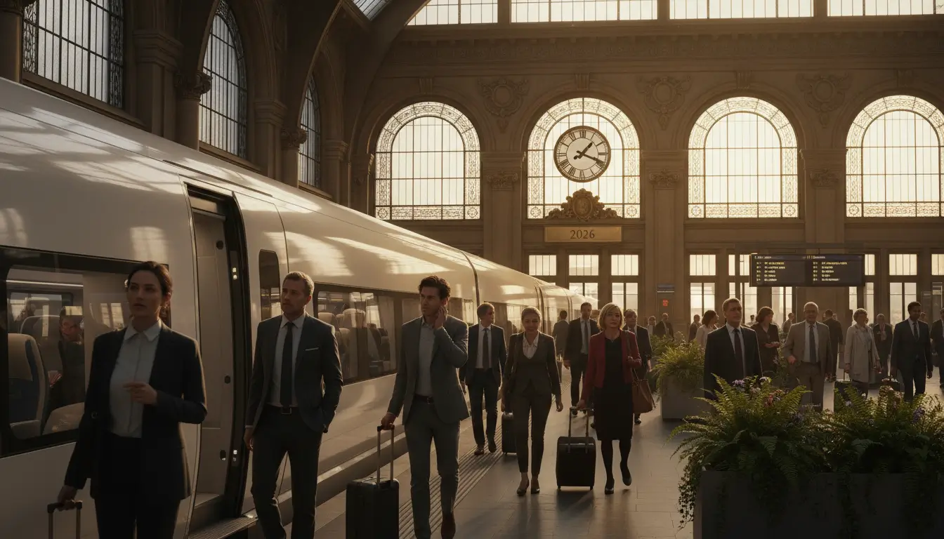 Een hogesnelheidstrein op een perron van een groots, historisch Europees treinstation.