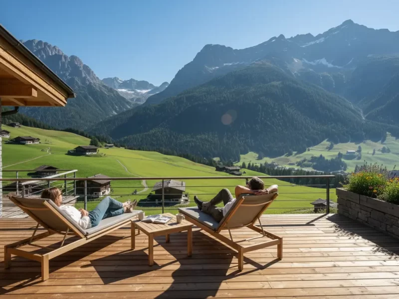 Twee personen die ontspannen op een houten terras van een ecolodge, met uitzicht op een vallei