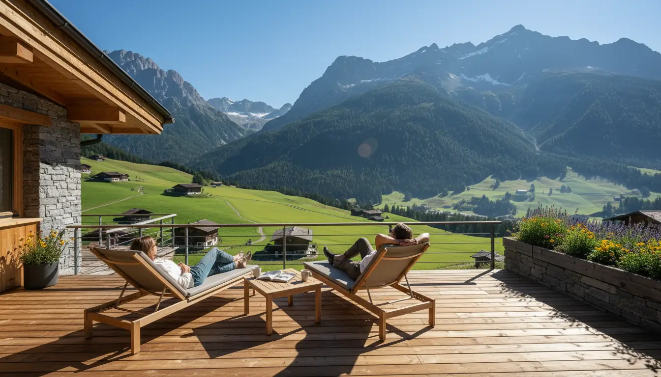 Twee personen die ontspannen op een houten terras van een ecolodge, met uitzicht op een vallei
