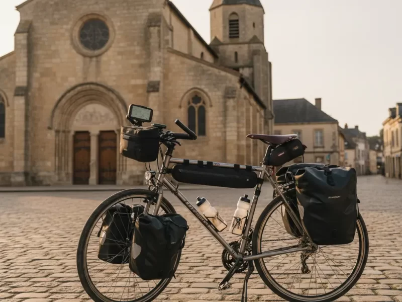 Een gedetailleerd shot van een toerfiets met robuuste fietstassen en een GPS-apparaat op het stuur.