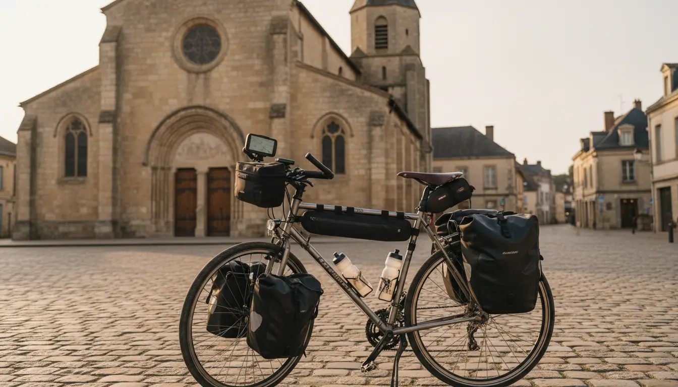 Een gedetailleerd shot van een toerfiets met robuuste fietstassen en een GPS-apparaat op het stuur.