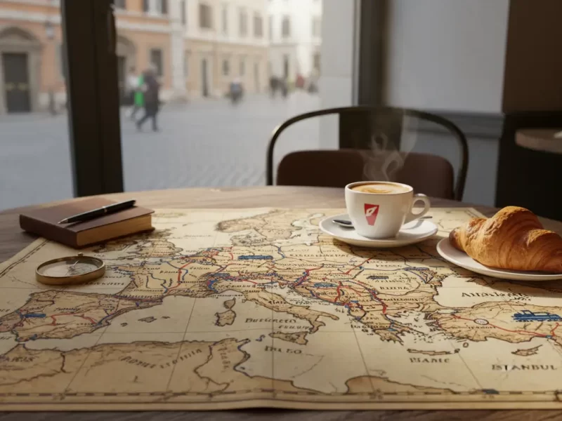 Een gedetailleerde, vintage-stijl kaart van Europa met daarop uitgestippelde treinroutes