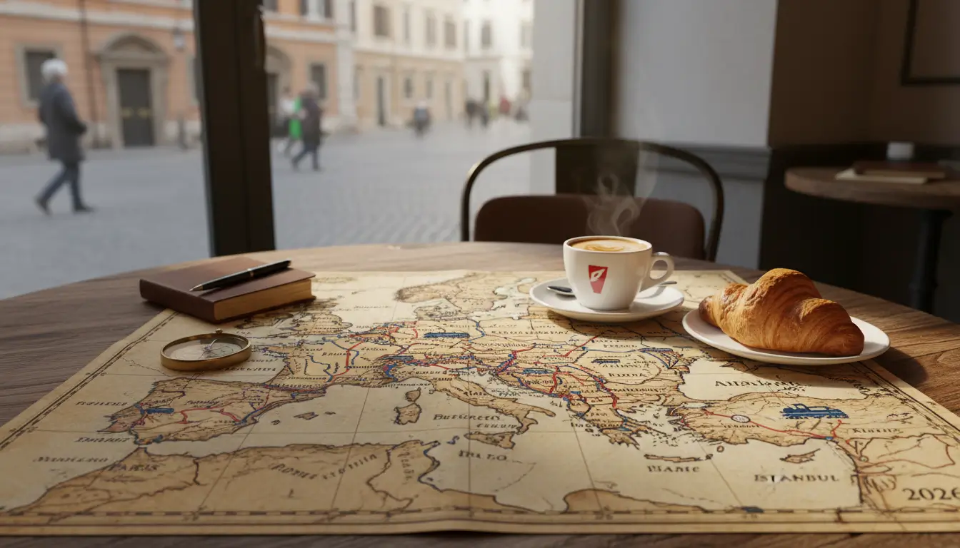 Een gedetailleerde, vintage-stijl kaart van Europa met daarop uitgestippelde treinroutes