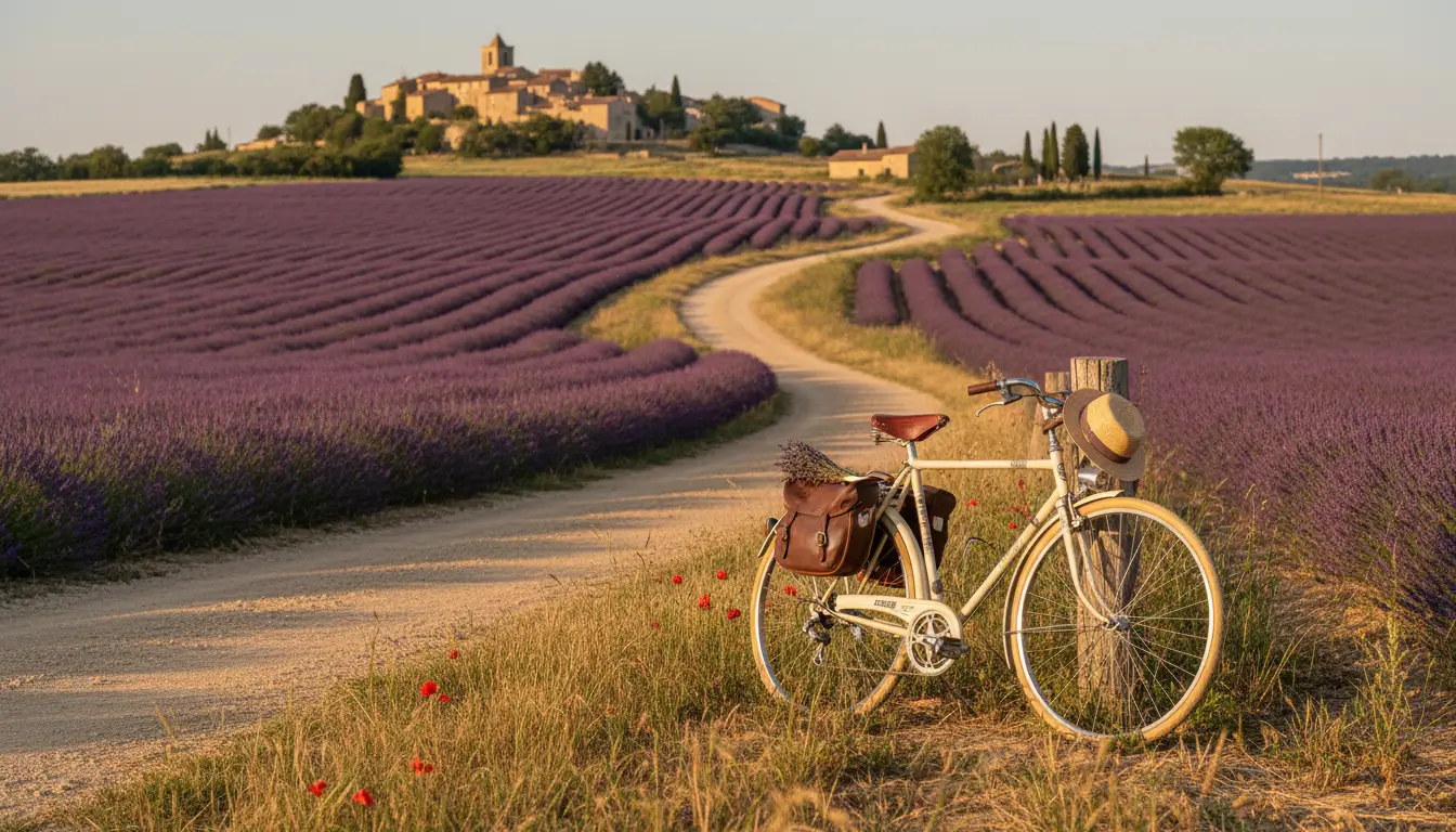 Een vintage toerfiets geparkeerd langs een landweggetje.