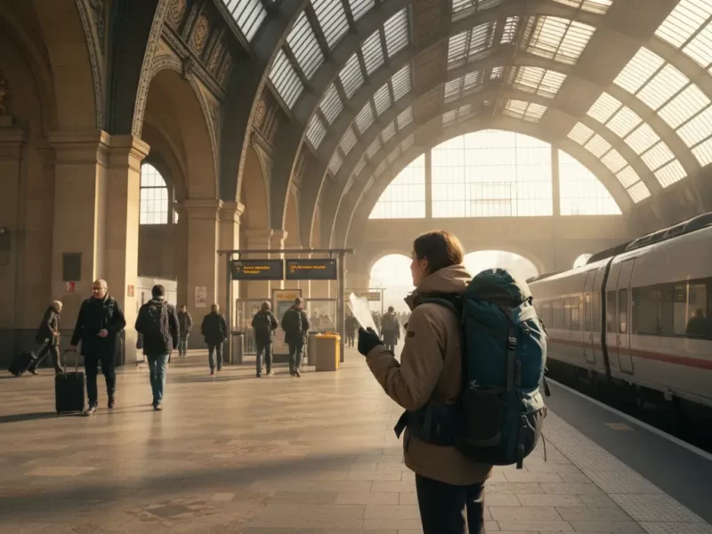 Een reiziger met rugzak en treinkaartje in de hand