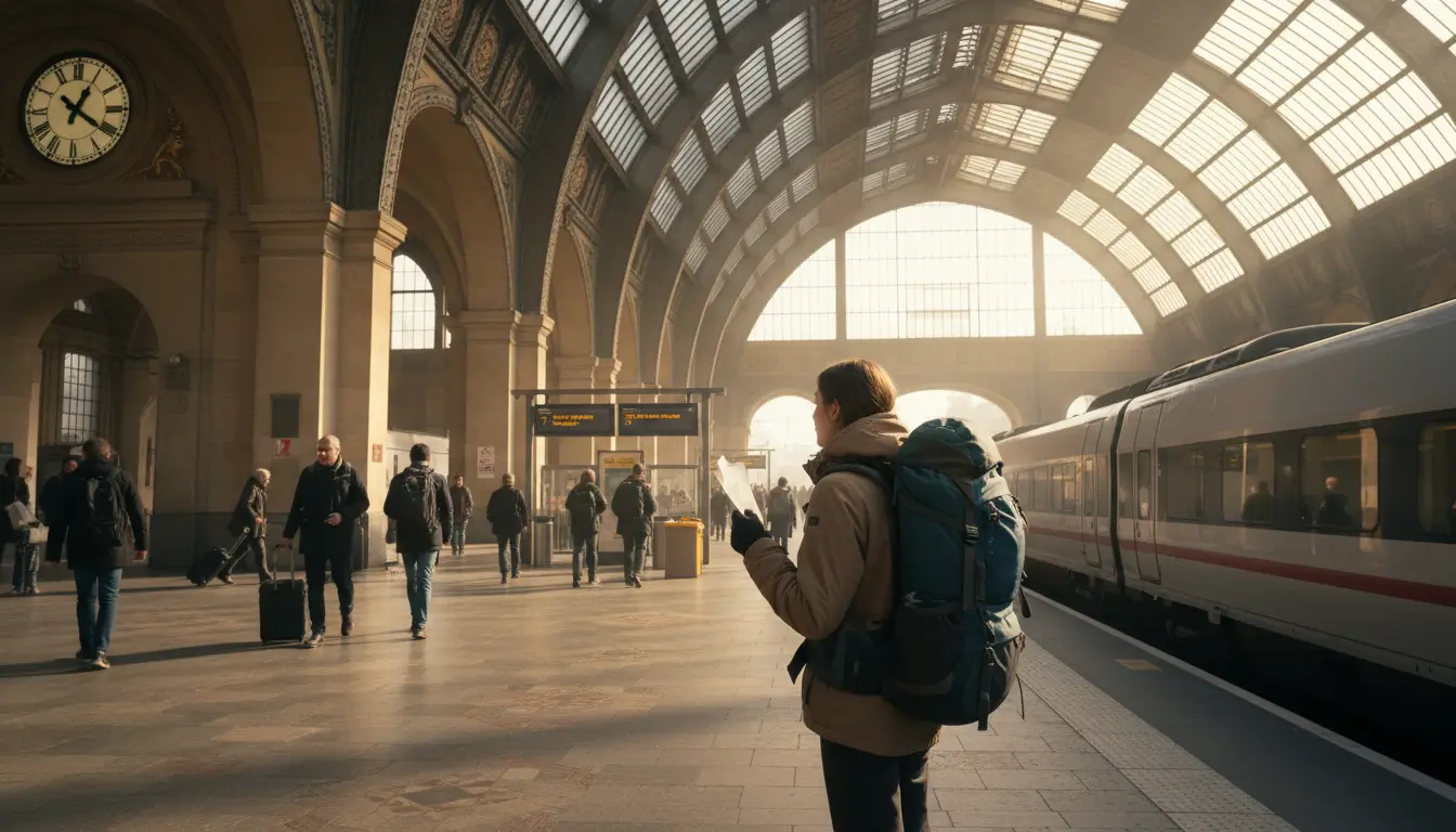Een reiziger met rugzak en treinkaartje in de hand