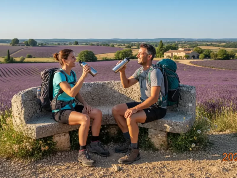 Twee wandelaars, een man en een vrouw, die lachend naar elkaar kijken terwijl ze water drinken uit hun waterflessen.