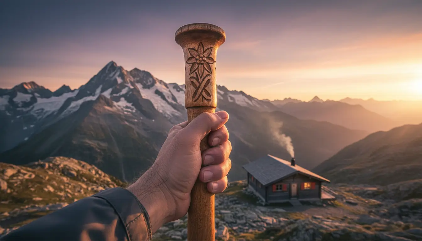 Een close-up van een hand die de houten top van een traditionele, handgesneden bergwandelstok vasthoudt.