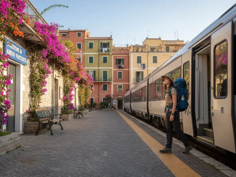 Een reiziger met een rugzak die van een trein stapt.