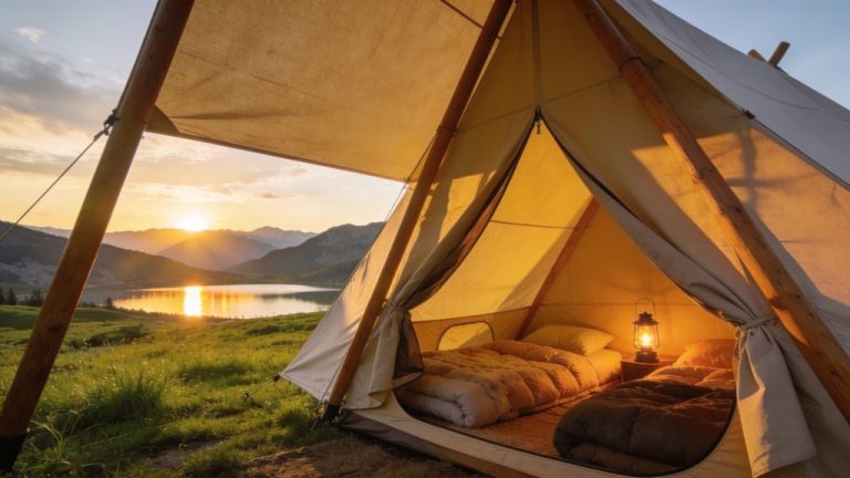 Glamping or camping in a tent in nature