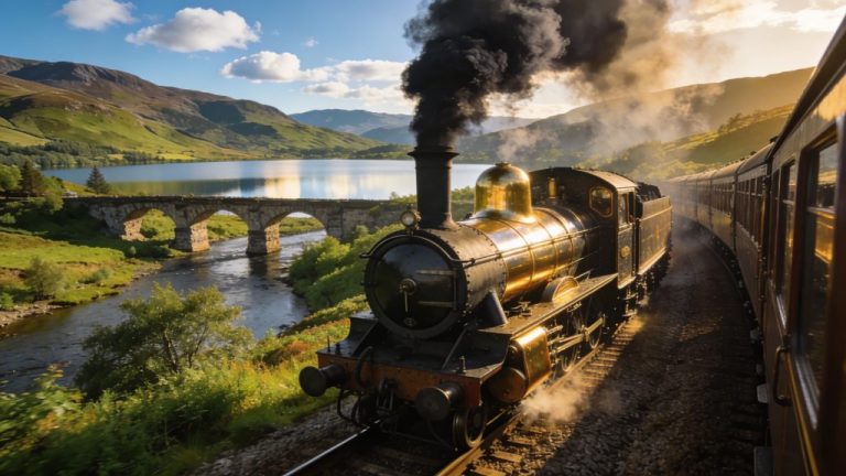 Train journey through Scotland to the Highlands and Edinburgh