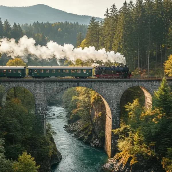 Een klassieke passagierstrein, van een iets ouder model, die een eeuwenoude stenen spoorbrug oversteekt.