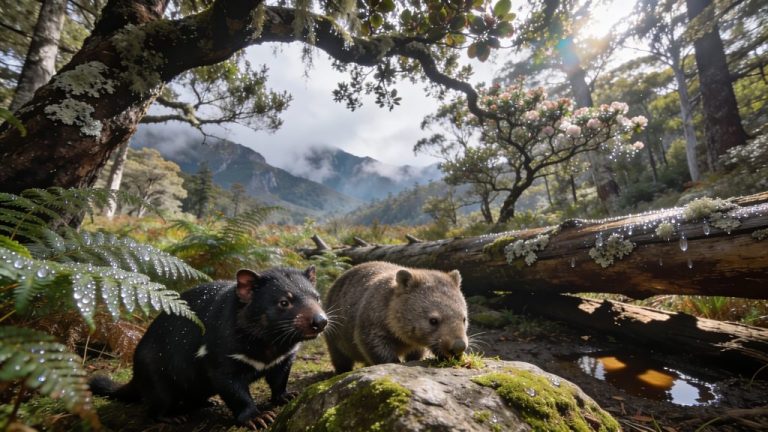 Tasmanian devils and wombats in the wilderness
