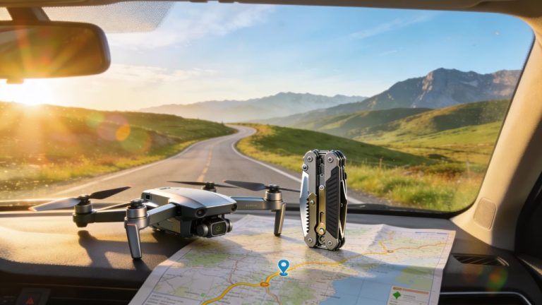 Customs with drones and gadgets on a road trip